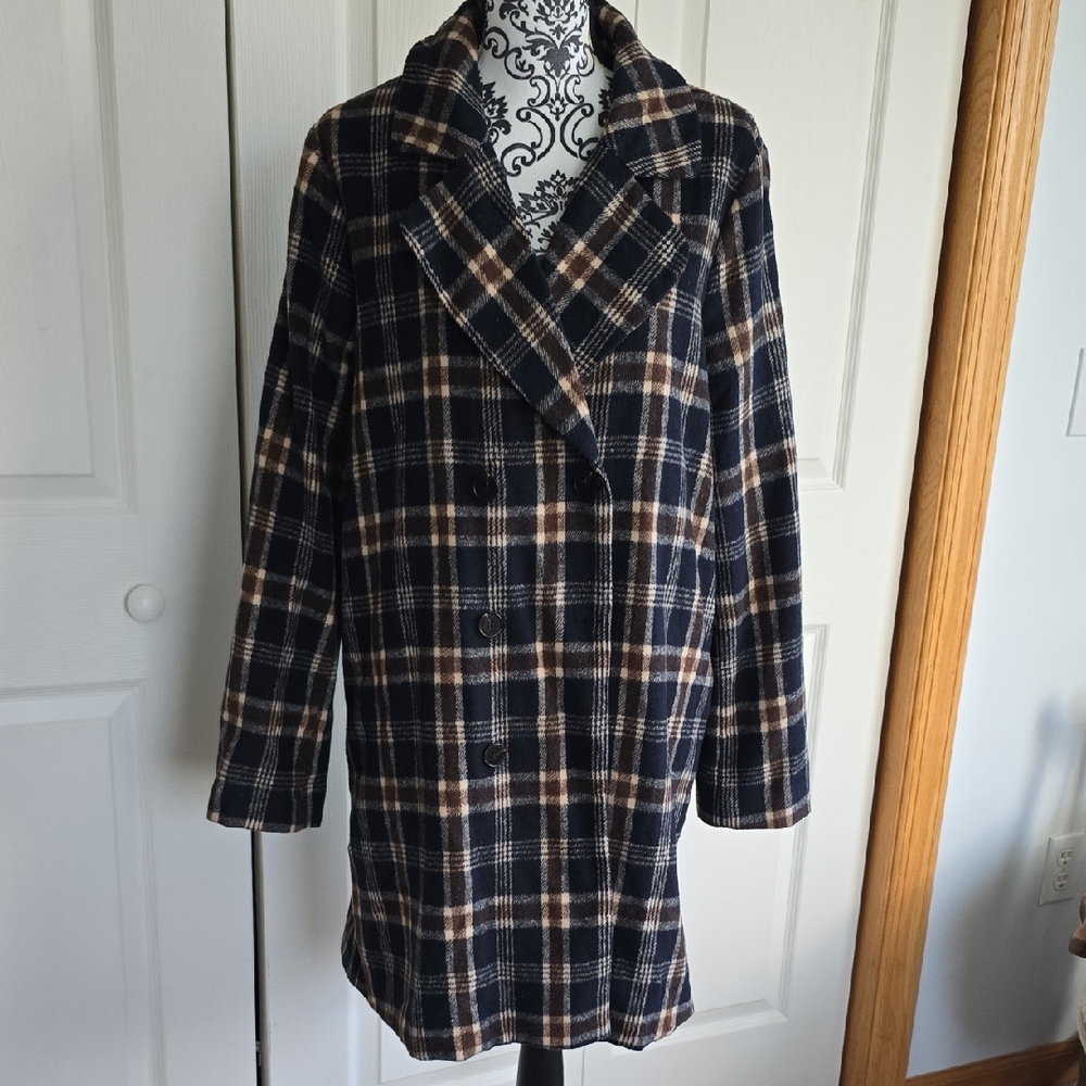 Doe & Rae Navy and Brown Plaid Pea Coat